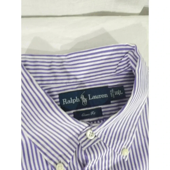 Ralph Lauren Polo Shirt 16 Large Purple White Striped Classic Preppy Dress - Picture 5 of 5